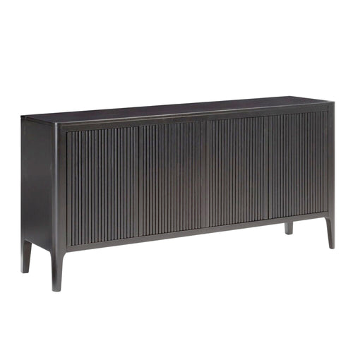 Dark wooden sideboard with slatted doors on a white background