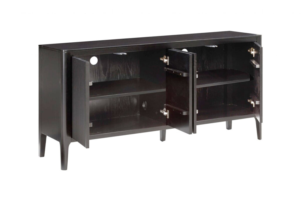 Dark wood entertainment console with open doors on a white background
