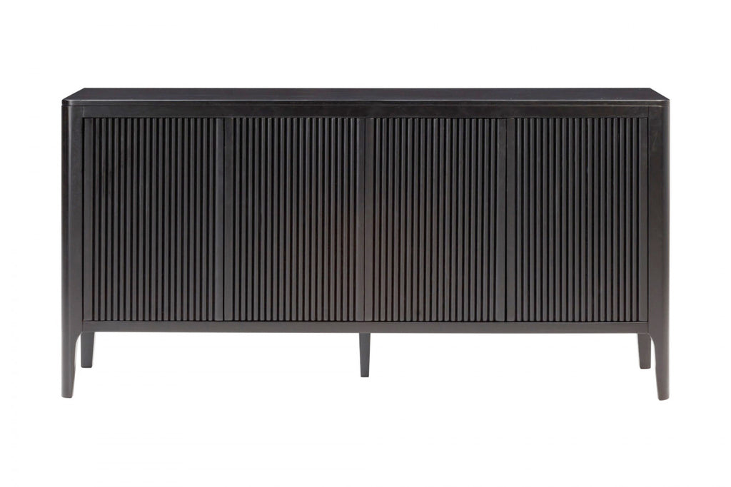 Black oak wooden sideboard with horizontal slats on a white background