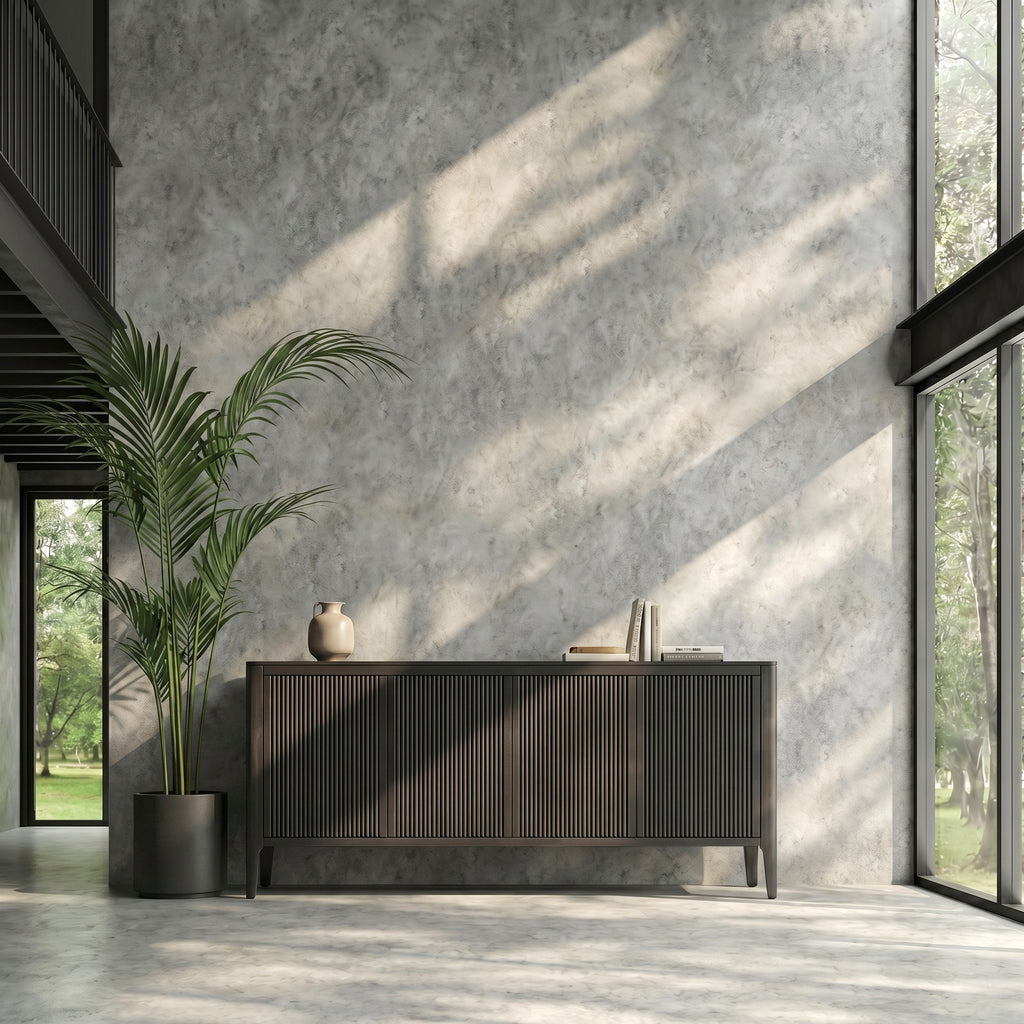 dark oak sideboard, potted plant, and large windows.