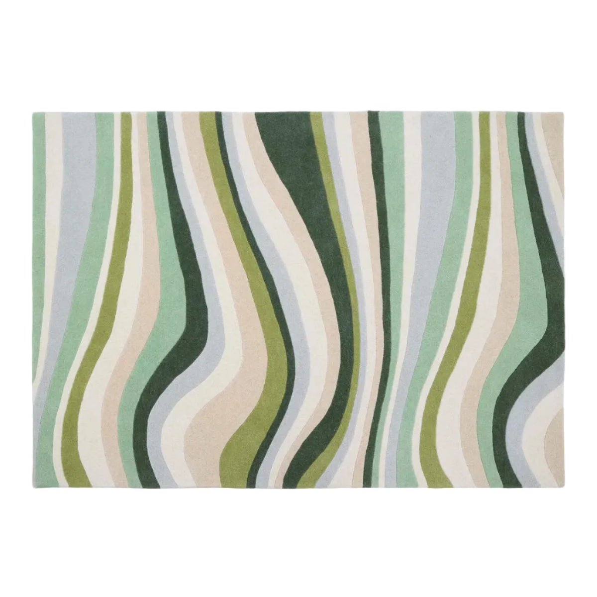 Rug with wavy pattern in green, beige, and blue on a white background