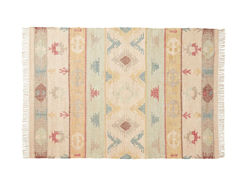 Decorative jute rug with geometric pattern on a white background