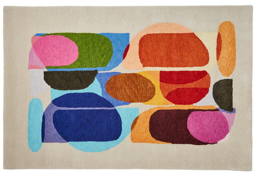 Colorful abstract rug with geometric shapes on a beige background