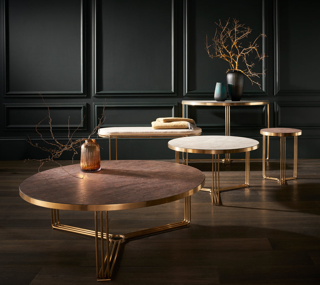 Gillmore Space Finn Collection Large Circular Coffee Table with  Brass Frame