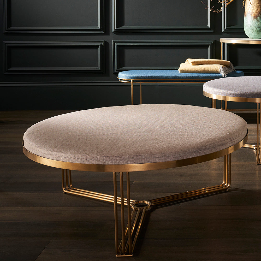 Gillmore Space Finn Collection Small Circular Coffee Table/Footstool with Upholstered Top and Polished Chrome Frame