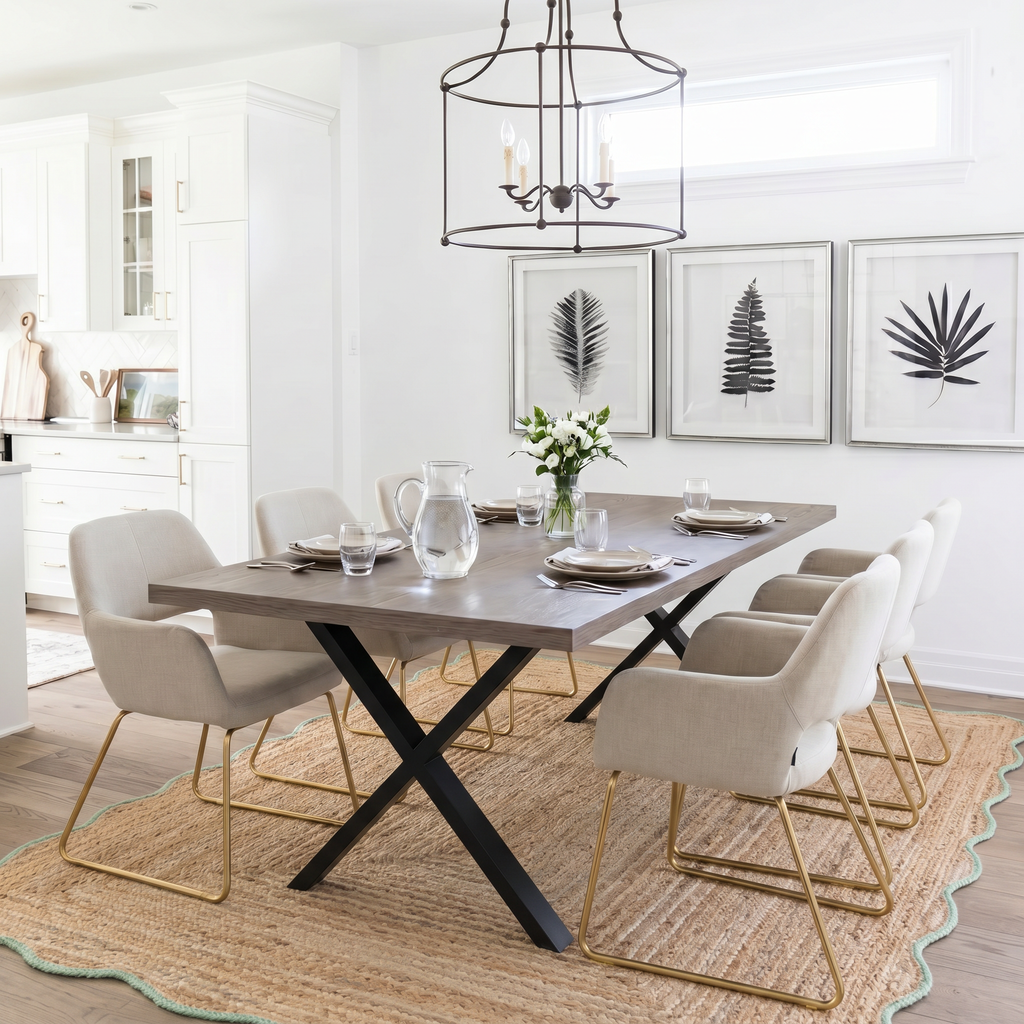 Modern dining room with a Pershore grey dining table and chairs on a jute rug.