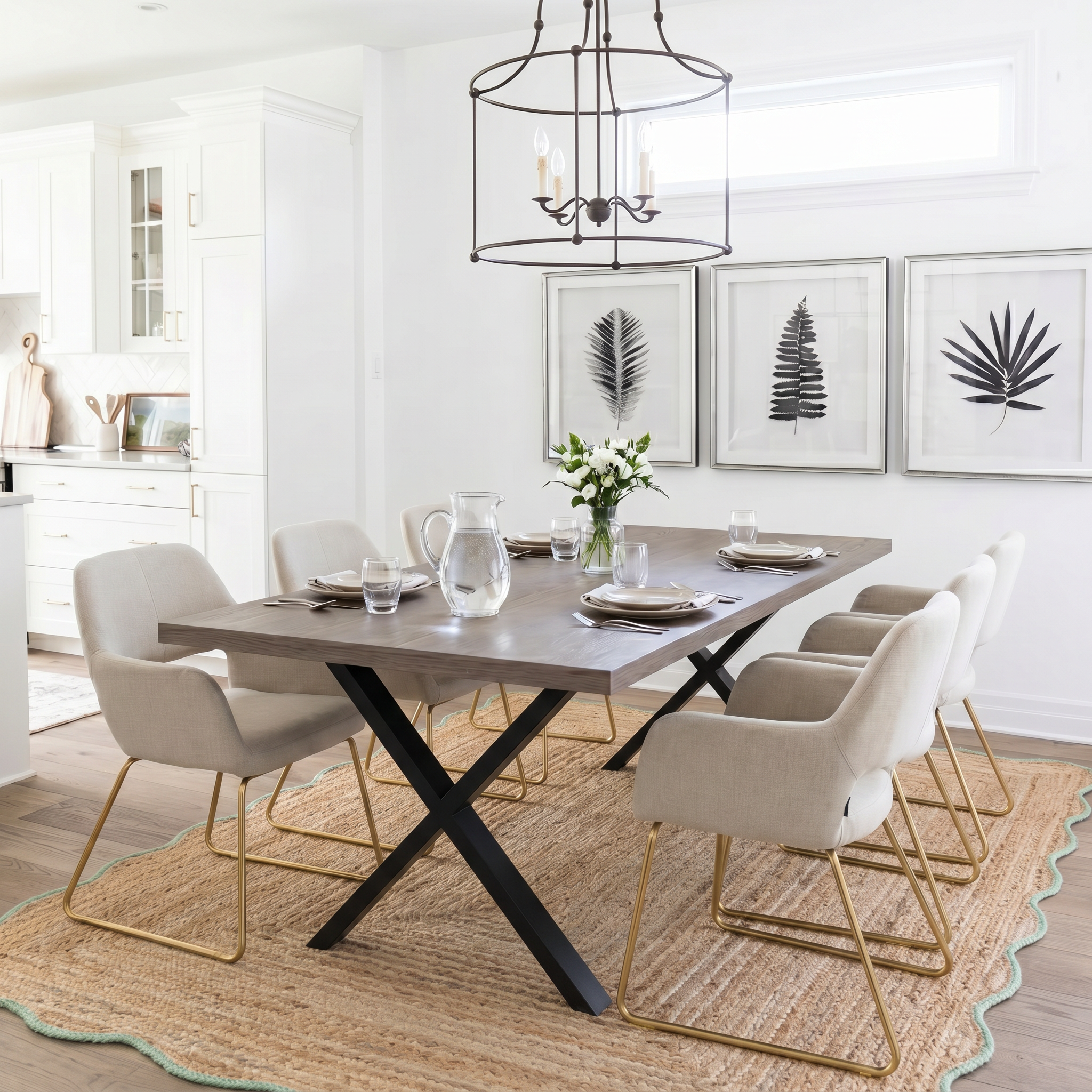 Modern dining room with a Pershore grey dining table and chairs on a jute rug.