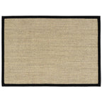 Beige woven rug with a black border on a white background