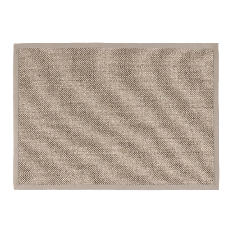 A rectangular woven area rug in a light taupe-beige color, shown flat against a solid white background.