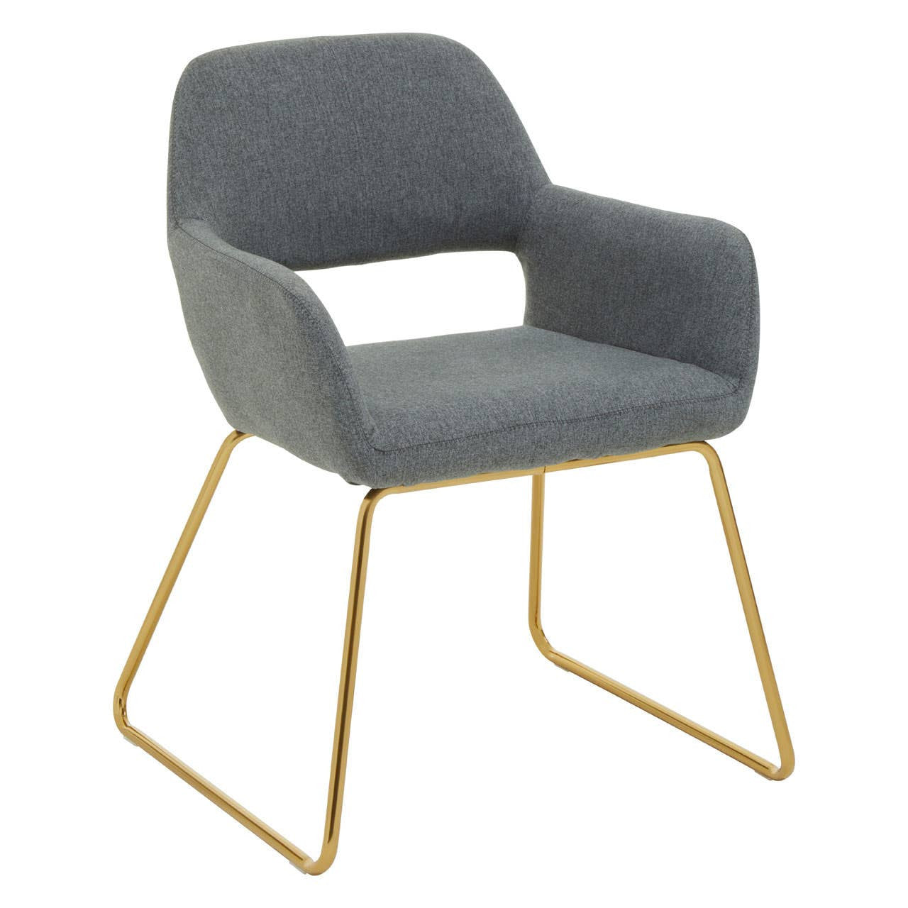 Pershore grey upholstered chair with gold metal legs on a white background