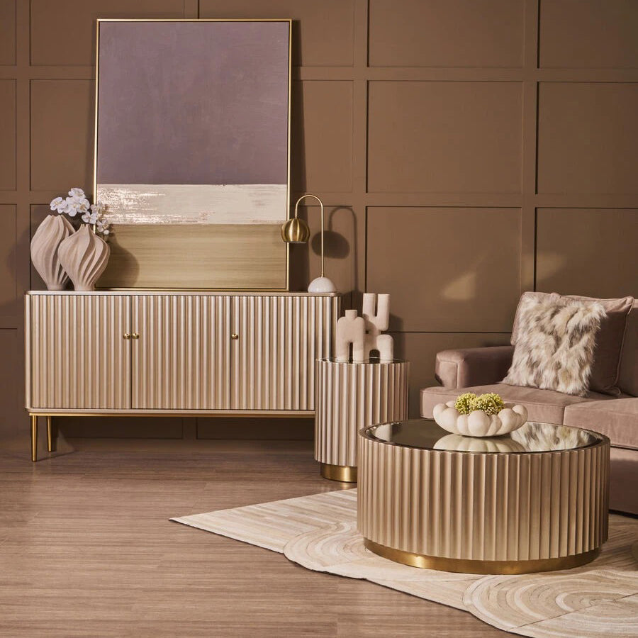 Dusino Champagne Gold Finish | Flute Detail | Coffee Table with Mirror Top