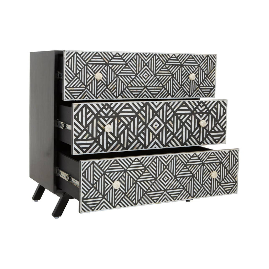 Fusion Black and Mother of Pearl Chest of 3 Drawers open