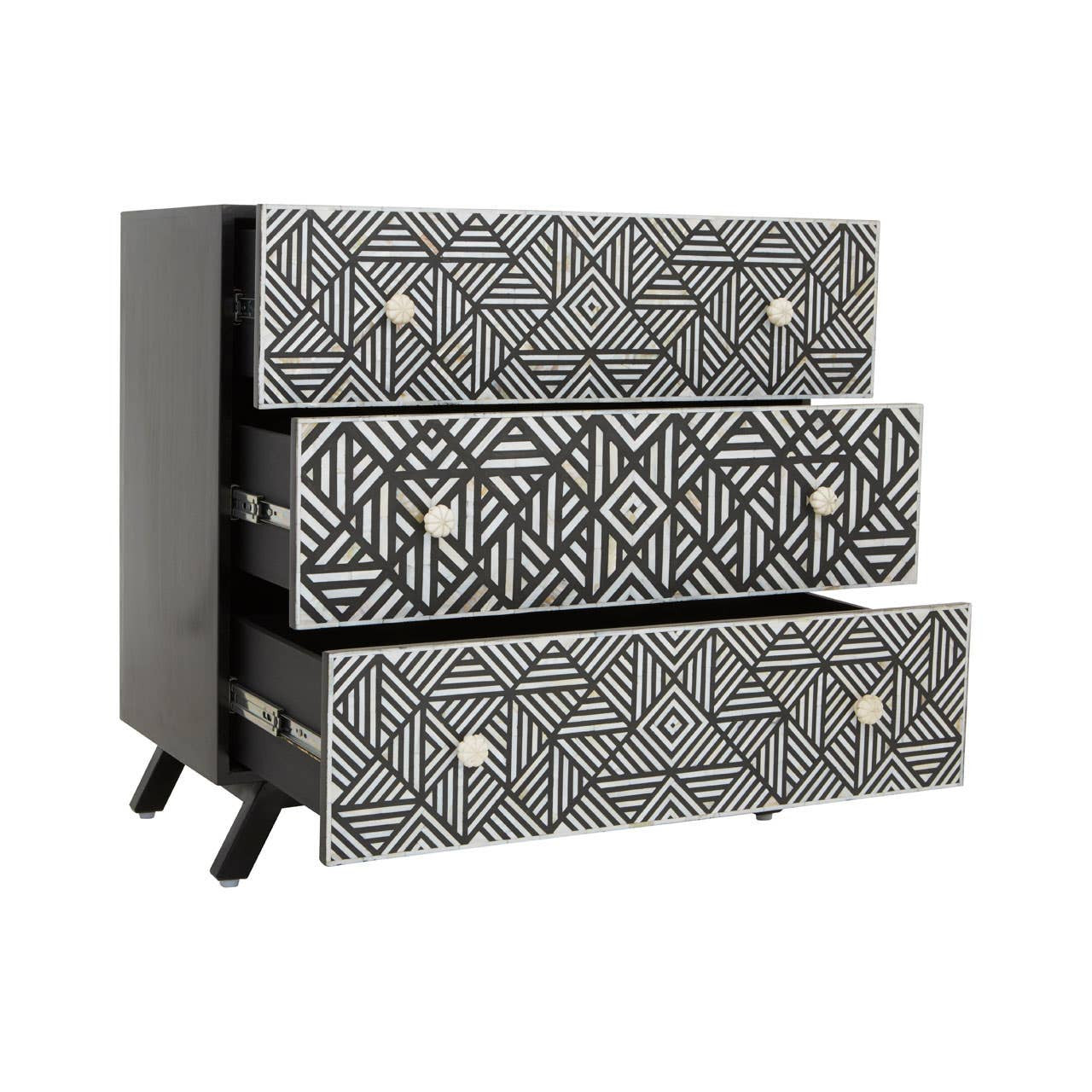 Fusion Black and Mother of Pearl Chest of 3 Drawers open