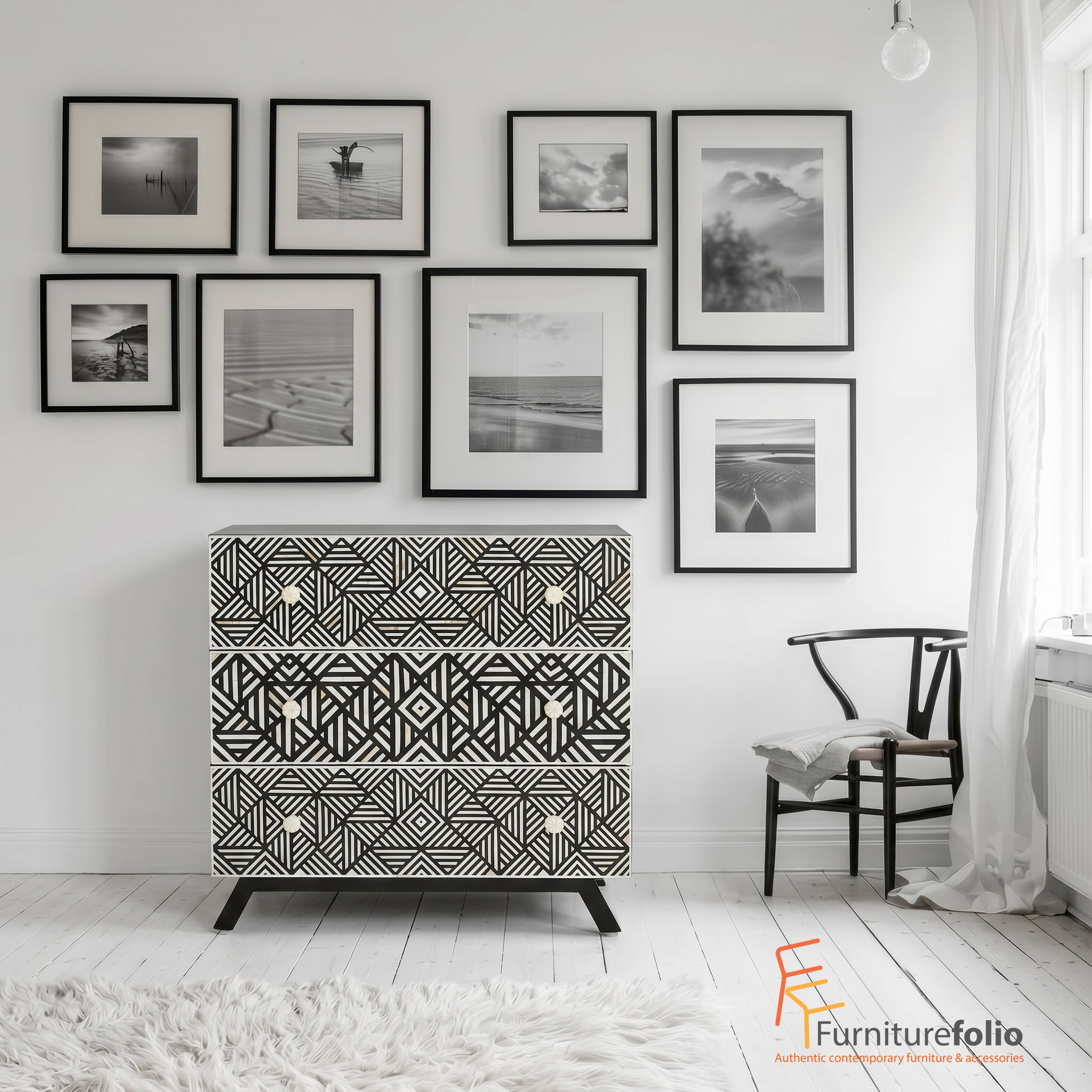Cabinet with geometric pattern on a white background in a wonderful black and white room - mother of pearl