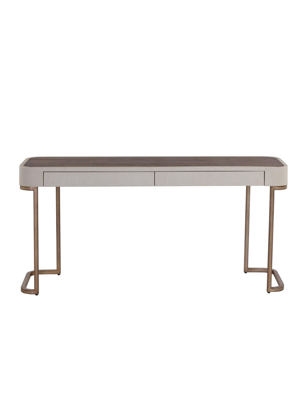 A modern writing desk with a light beige wood-grain top, two front drawers, and a metallic bronze-finished metal frame and legs, shown against a plain white background.