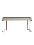 A modern writing desk with a light beige wood-grain top, two front drawers, and a metallic bronze-finished metal frame and legs, shown against a plain white background.