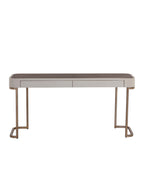 A modern writing desk with a light beige wood-grain top, two front drawers, and a metallic bronze-finished metal frame and legs, shown against a plain white background.