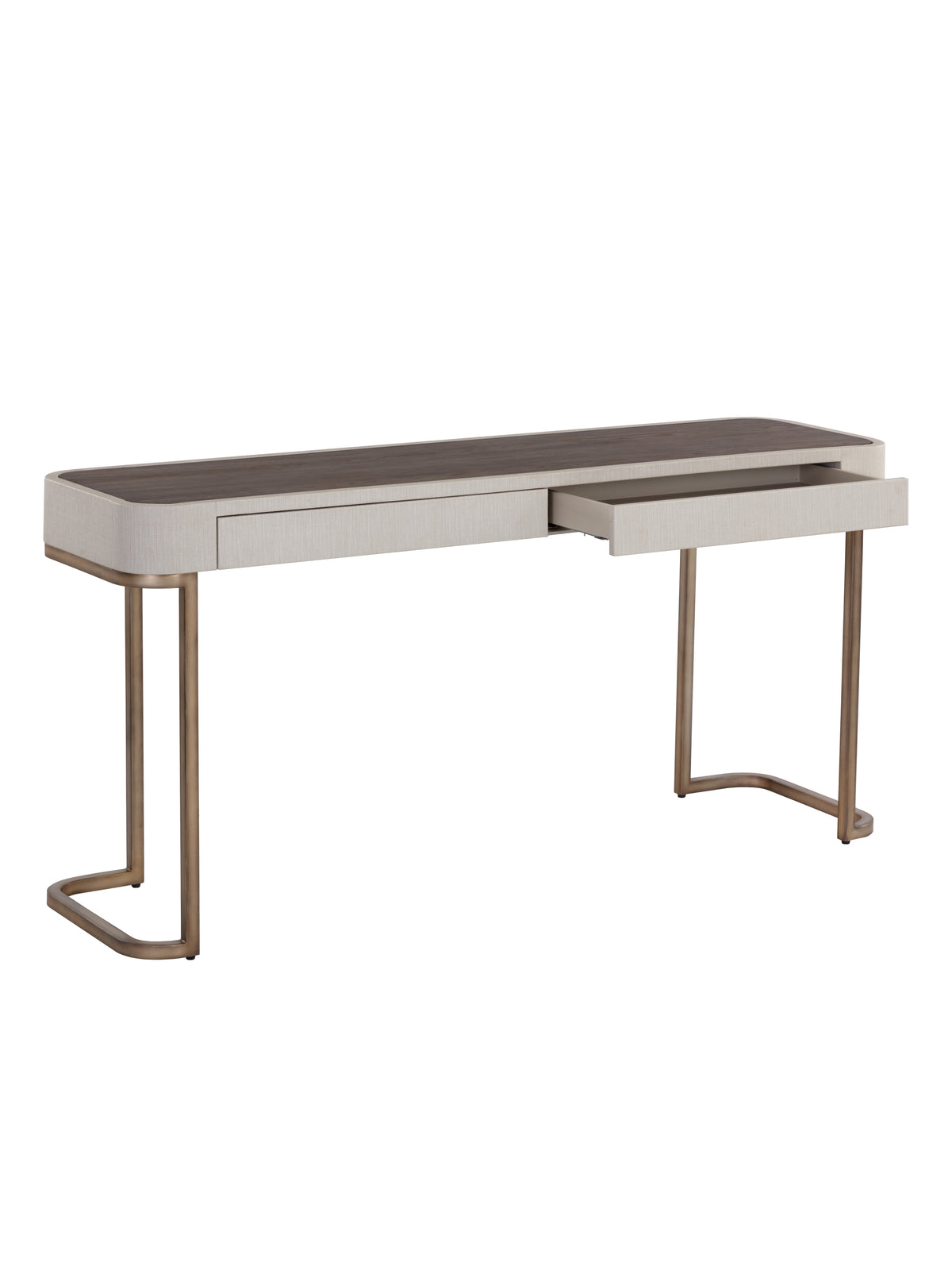 A modern writing desk with a light beige upholstered frame, a dark brown wood-grain top, and curved metallic bronze legs, shown with one drawer pulled out against a plain white background.