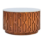 Wooden coffee table with geometric pattern on a white background