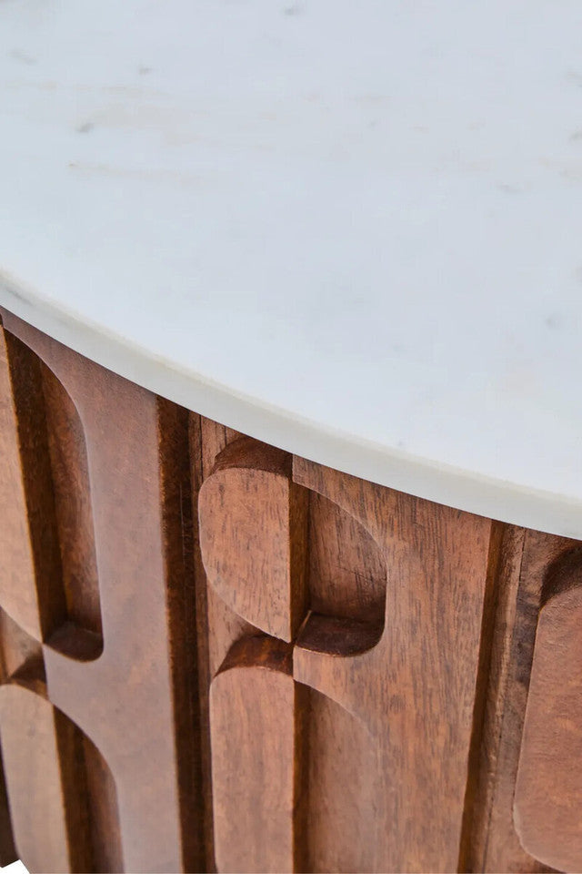 Torcino Round Coffee Table in Marble and Carved Mango Wood