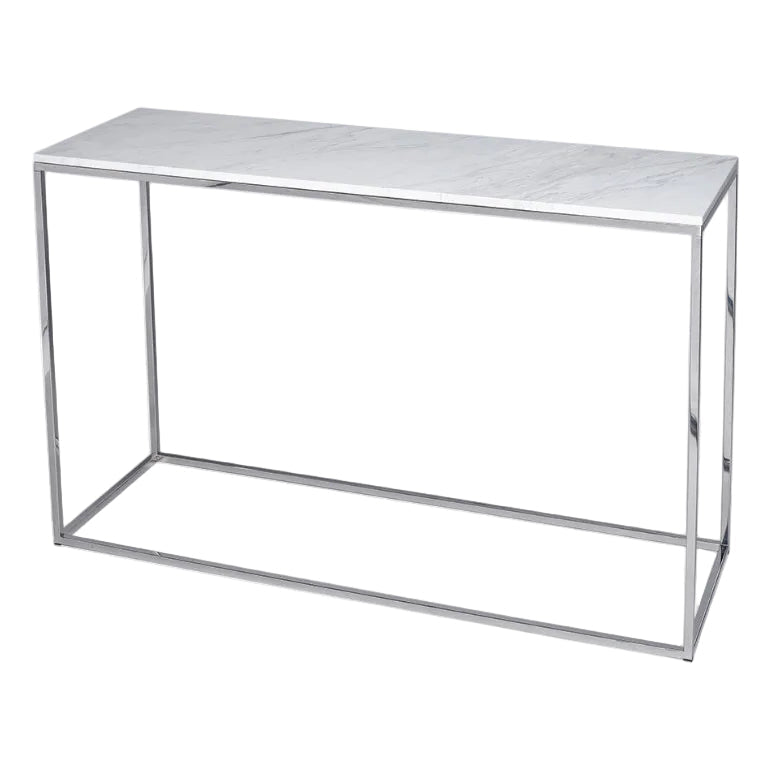 A contemporary rectangular console table with a metallic frame and a white marble  table top.
