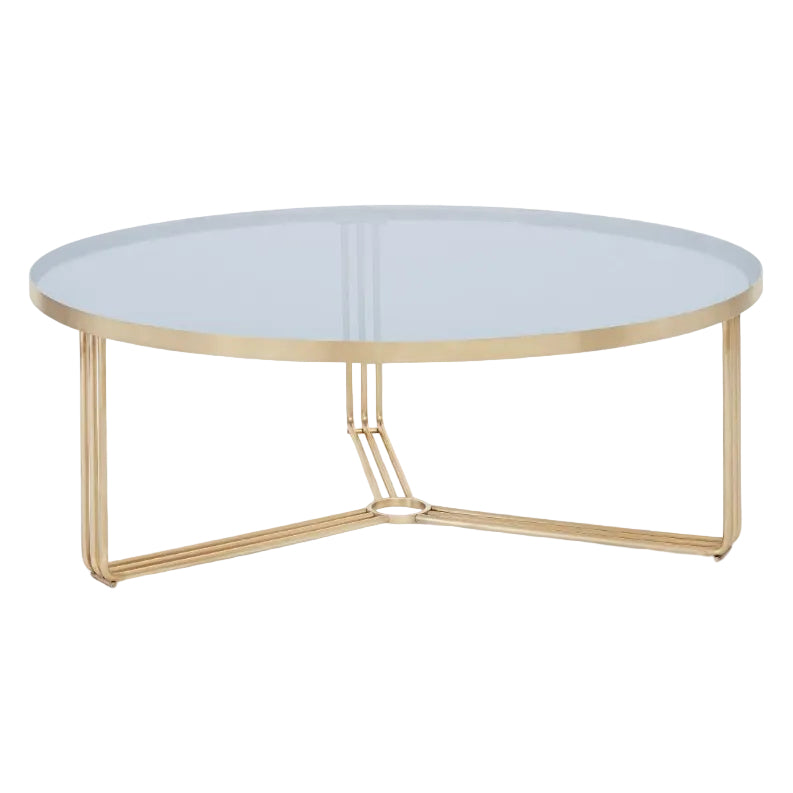 A large circular coffee table with a gray marble top and a brass frame.