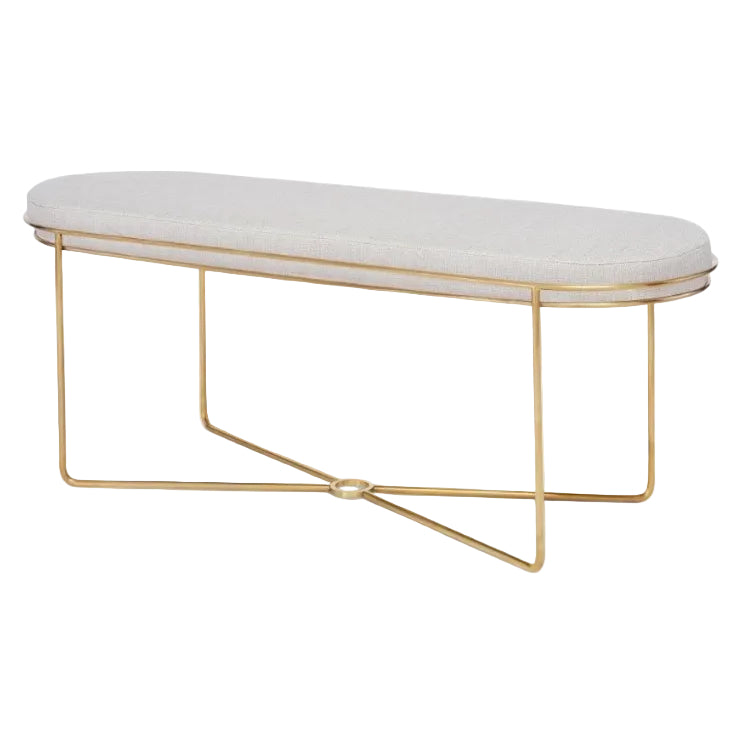 Ottoman with white cushion and gold metal frame on a white background